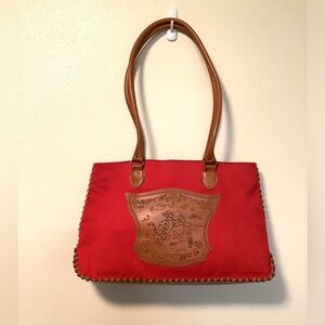 Disney Winnie the Pooh and friends red canvas tote travel handbag brown accents